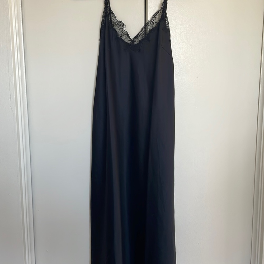 Satin Lace Black Midi Dress